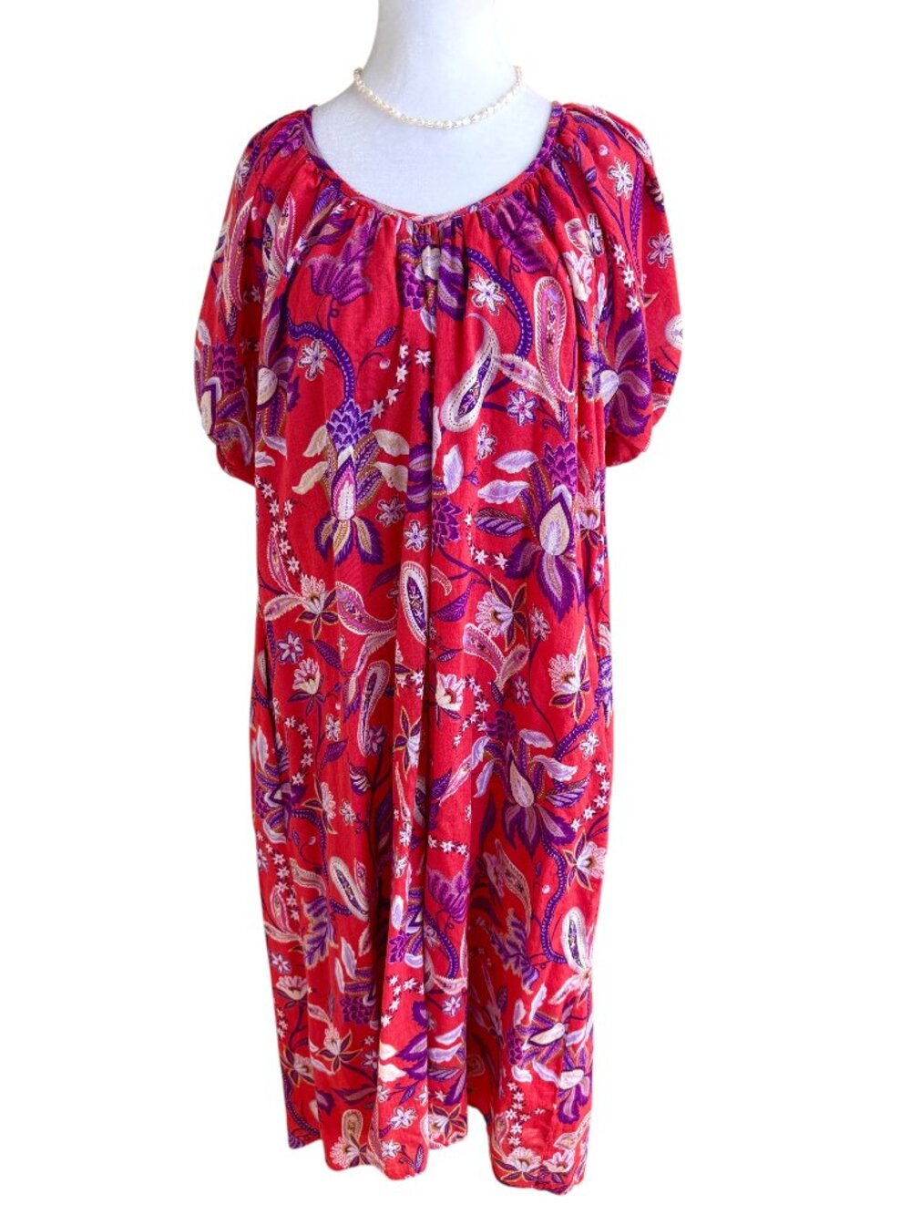 Sundry Cotton Dress Short Sleeve Red Floral Scoop Neck (1, S)